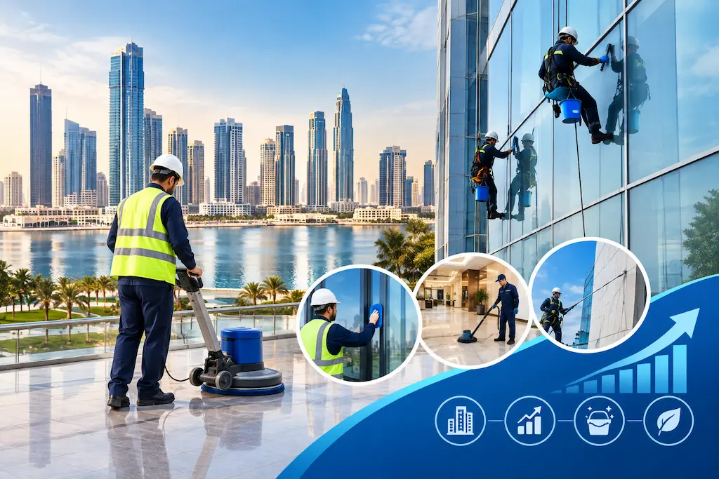 Sharjah building cleaning industry with façade cleaners and professional building maintenance services