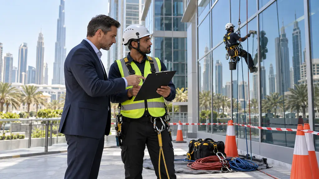 Building manager and safety supervisor reviewing facade cleaning work in Dubai.