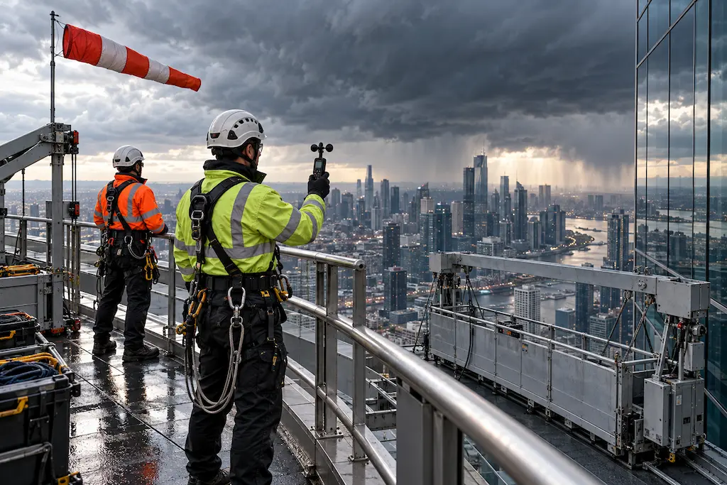 RooftoHigh-rise cleaning crew checking wind speed as storm clouds approach.p Wind Check Pauses Cleaning