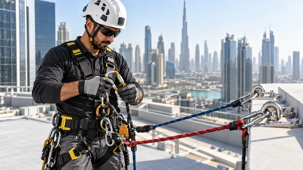 Rope access technician inspecting his harness on a Dubai rooftop.